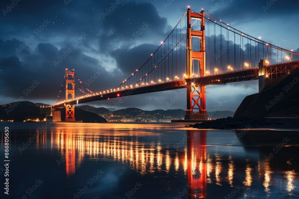 Famous Golden Gate Bridge, San Francisco at night, USA, generative IA Famous Golden Gate Bridge, San Francisco at night, USA, generative IA