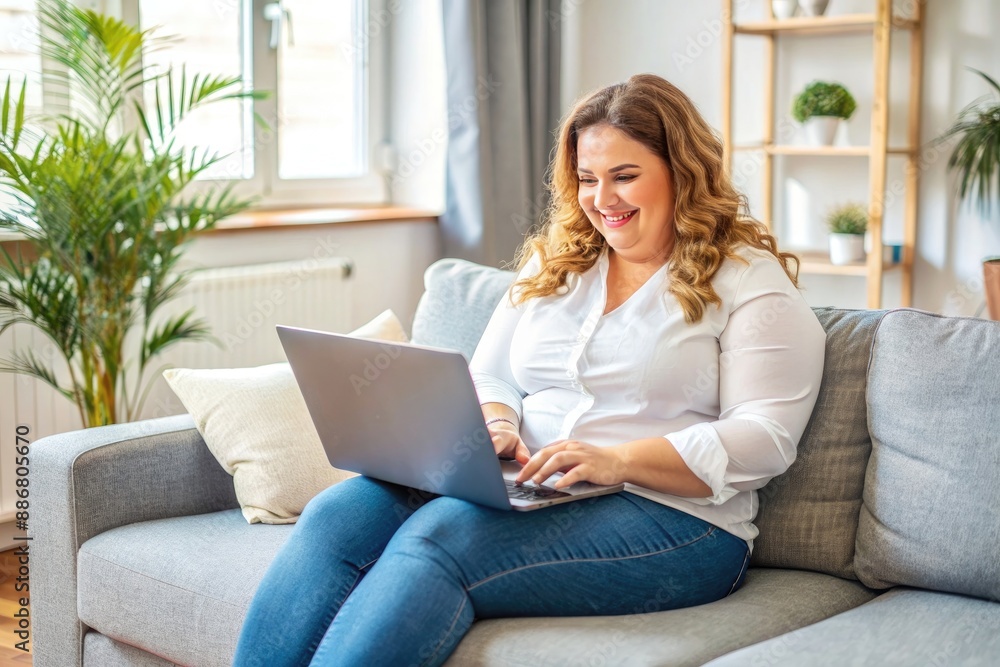 A plus size girl is working with a laptop in her hands in a bright room A plus size girl is working with a laptop in her hands in a bright room