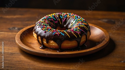 chocolate dipped doughnut served aesthetically in a wooden plate and table