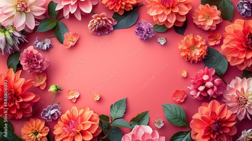 A high-resolution, sharp focus photograph showcasing a captivating arrangement of flowers against a salmon-colored surface, perfect for adding text. A high-resolution, sharp focus photograph showcasing a captivating arrangement of flowers against a salmon-colored surface, perfect for adding text.