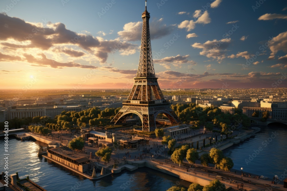 Naklejka premium Free photo from Eiffel Tower Paris France Watercolor Canvas Art Print, generative IA