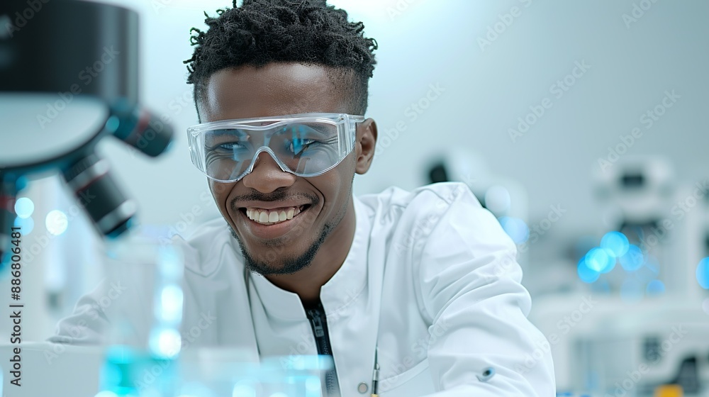 African scientist smiling while conducting research in a high-tech lab representing scientific exploration and achievement Portrait, Realistic Photo, High resolution, Half-body picture, Minimalism, African scientist smiling while conducting research in a high-tech lab representing scientific exploration and achievement Portrait, Realistic Photo, High resolution, Half-body picture, Minimalism,