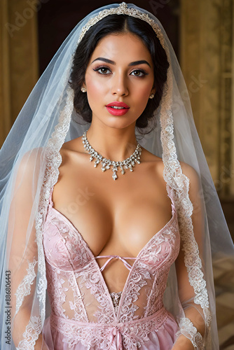 A young oriental woman, with a low-cut lace dress, makeup and a pink lace veil on her hair, looks at the camera and smiles.