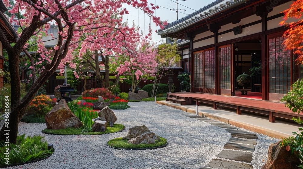 Obraz premium Traditional Japanese Garden with Cherry Blossoms