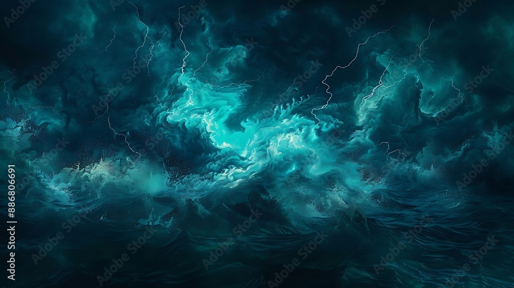 Fototapeta premium Dark ocean storm in a surreal style with turquoise lightning, wavy waves under a pitch-dark night sky