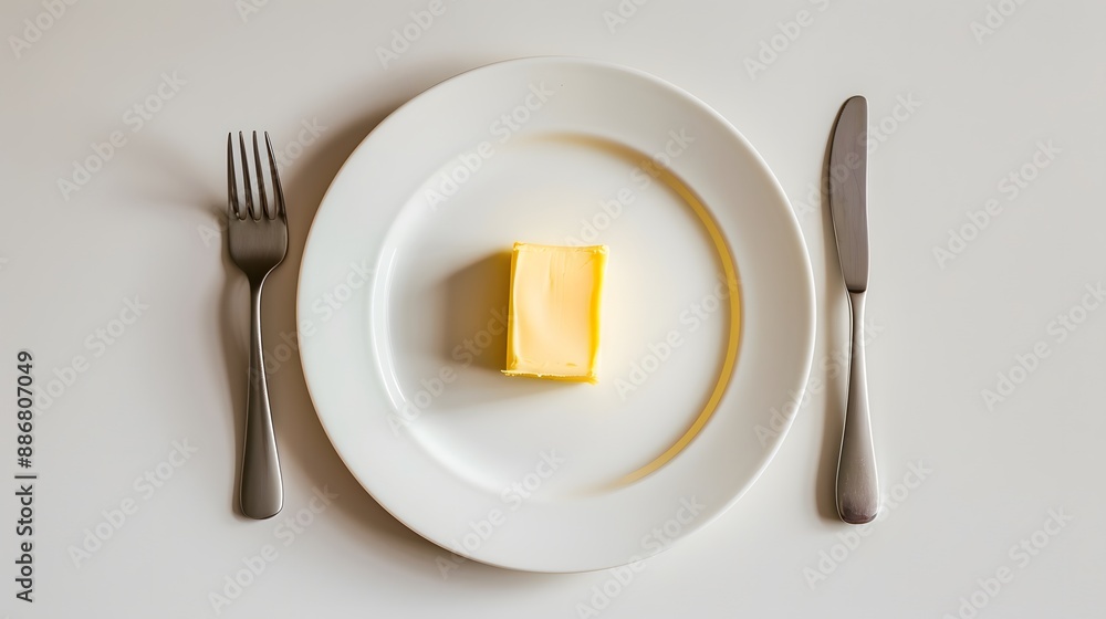 Plate with piece of butter on white background. 