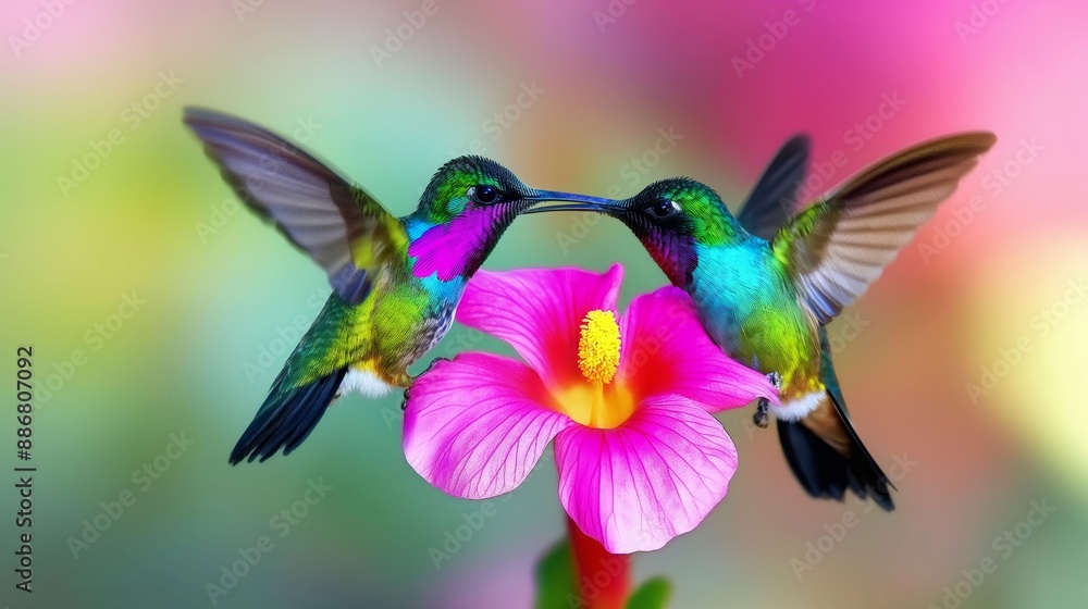 Two hummingbirds are perched on a pink flower. Concept of harmony and beauty, as the birds are seen together in a peaceful and natural setting Two hummingbirds are perched on a pink flower. Concept of harmony and beauty, as the birds are seen together in a peaceful and natural setting