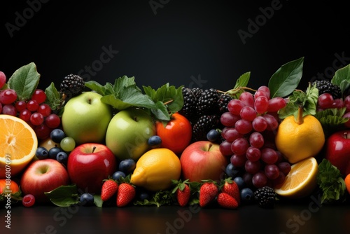 Border of isolated fruits in white with copy space, generative IA