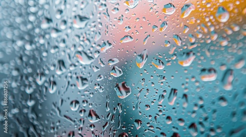 Abstract image of water droplets on a window, reflecting blue hues and lights from the background, representing the tranquility and focus through detailed droplets. photo