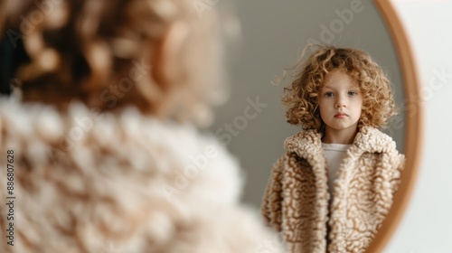 A young child, with a head full of blonde curls, stands in front of a mirror, draped in a warm, beige knitted garment, reflecting a cozy and thoughtful moment. © svastix