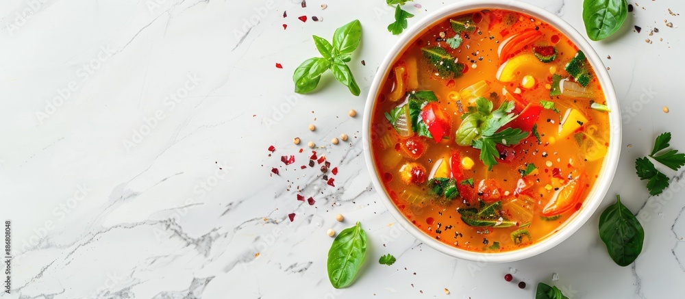 A vibrant spring vegetable soup displayed on white marble with copy space, seen from above. A vibrant spring vegetable soup displayed on white marble with copy space, seen from above.