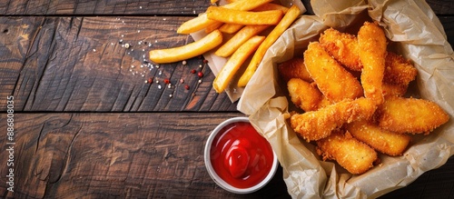 Rustic top-view image of a fast-food meal with deep-fried fish sticks in breadcrumbs on a table, ideal for a food-themed background with copy space. photo