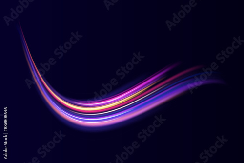 Abstract neon light rays background. A Colorful Motion Background of City Light Trails. Purple glowing wave swirl, impulse cable lines. Long time exposure. Vector