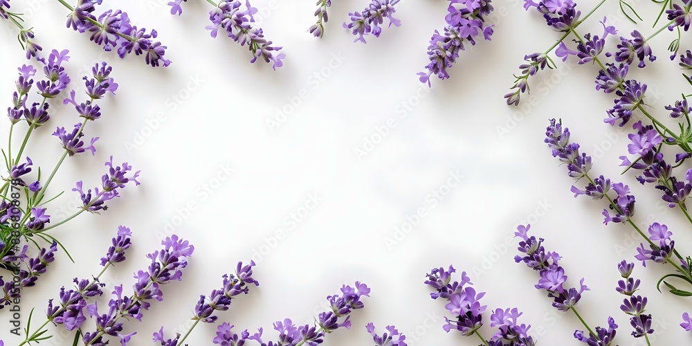 Flat lay lavender flower frame on white background with copy space. Concept Here are some topics that could work for your description, Flat lay lavender flower frame on white background with copy space. Concept Here are some topics that could work for your description,