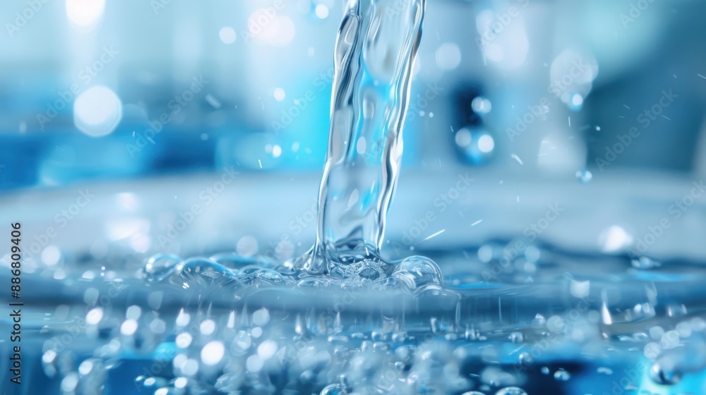 A crystal-clear stream of fresh water being poured, creating bubbles and splashes on a blurred background, representing purity and refreshment of natural water sources. A crystal-clear stream of fresh water being poured, creating bubbles and splashes on a blurred background, representing purity and refreshment of natural water sources.
