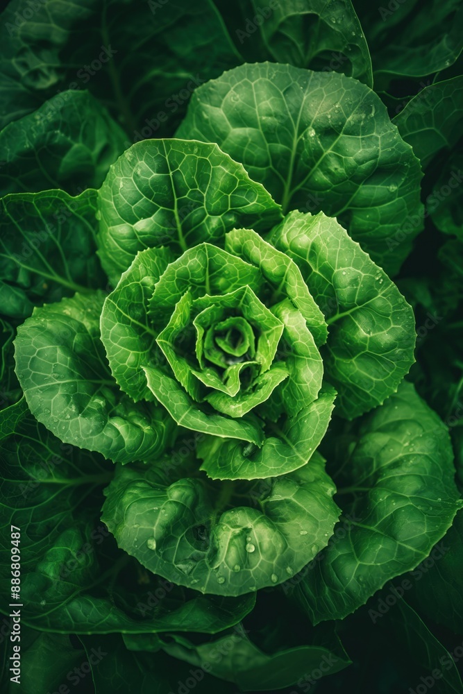 Fototapeta premium Freshly harvested lettuce head with green leaves arranged in a circular pattern. Blurred background of plants suggests garden or farm setting. Perfect for food, eco, and nature-themed projects.