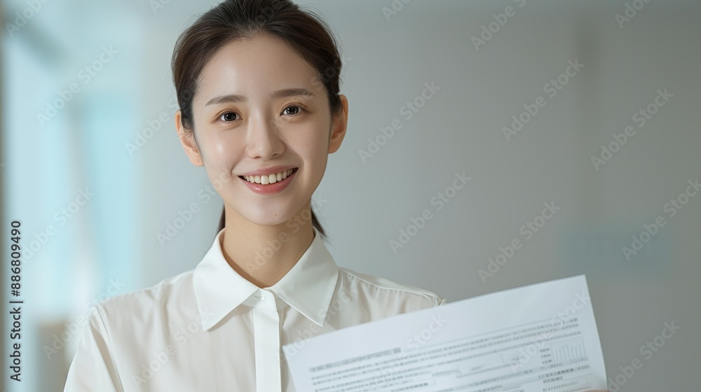 Asian businessperson smiling while reviewing financial documents in a contemporary office representing corporate success and confidence Portrait, Realistic Photo, High resolution, Half-body picture, Asian businessperson smiling while reviewing financial documents in a contemporary office representing corporate success and confidence Portrait, Realistic Photo, High resolution, Half-body picture,