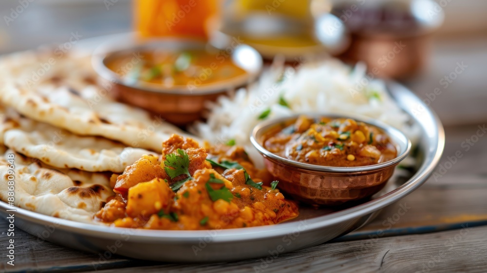 An elaborate Indian thali featuring naan, rice, curry, and various side dishes beautifully arranged in a traditional platter. Perfect harmony of flavors and textures. An elaborate Indian thali featuring naan, rice, curry, and various side dishes beautifully arranged in a traditional platter. Perfect harmony of flavors and textures.
