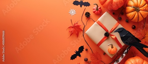 A festive arrangement featuring a gift box, pumpkins, a paper witch, and a raven on an orange background, with a central copy space image in a close-up flat lay. photo