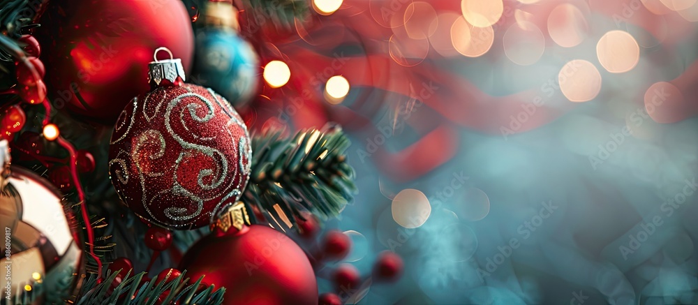 Decorative Christmas ornaments featuring various designs against a festive backdrop with copy space image. Decorative Christmas ornaments featuring various designs against a festive backdrop with copy space image.