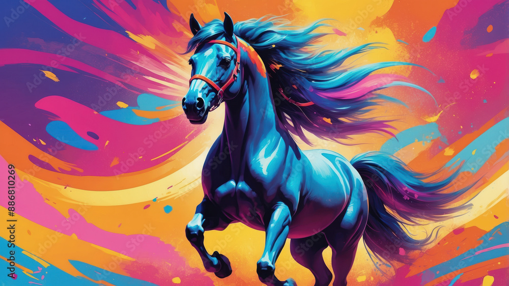 A vibrant blue horse with flowing mane and tail gallops through a swirling background of colorful abstract brushstrokes A vibrant blue horse with flowing mane and tail gallops through a swirling background of colorful abstract brushstrokes