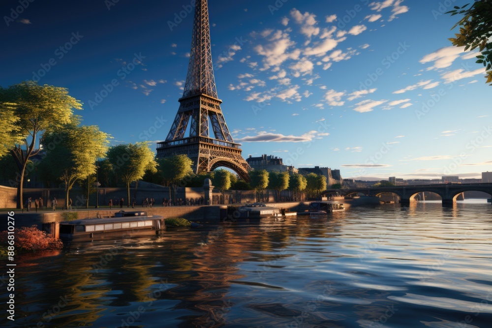 Fototapeta premium Beautiful Eiffel Tower on the Sena River in Parisfrance, generative IA