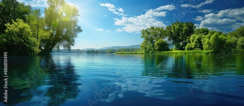 Blue river with a reflective water surface creating a peaceful scenery, suitable for copy space image.