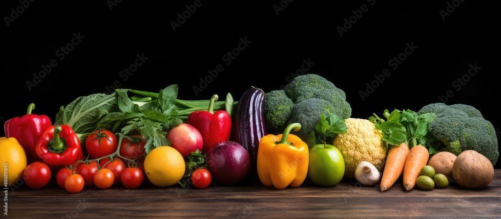 Fresh vegetables and fruits displayed alongside a wooden board in a top view setting against a black background with copy space image available. Fresh vegetables and fruits displayed alongside a wooden board in a top view setting against a black background with copy space image available.