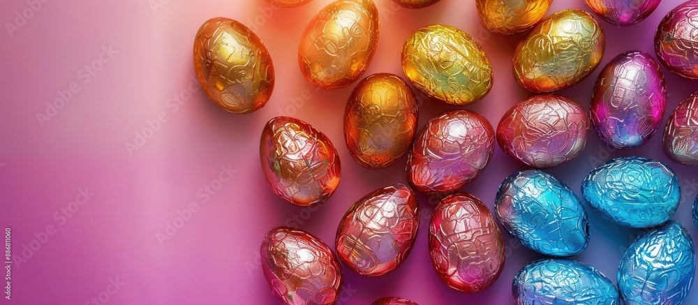 Colorful Easter eggs in shiny foil arranged on a background with empty space for text or design, ideal for advertisements or festive themes. Colorful Easter eggs in shiny foil arranged on a background with empty space for text or design, ideal for advertisements or festive themes.