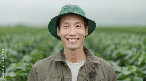Asian farmer smiling while inspecting crops in a verdant field representing agricultural dedication and joy Portrait, Realistic Photo, High resolution, Half-body picture, Minimalism,