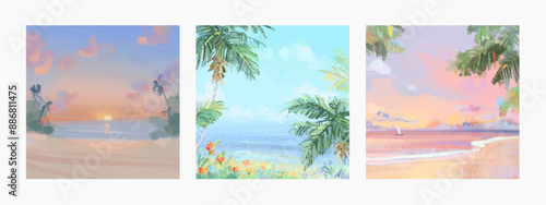 Set of summer tropical beach resort background. Sea and field nature design template for poster, flyer, web banner, cover, brochure, greeting card. Vector illustration