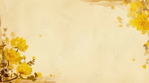 Fototapeta Naklejka Na Ścianę i Meble -  Elegant floral background with yellow watercolor flowers on a beige canvas, perfect for invitations and artistic designs.