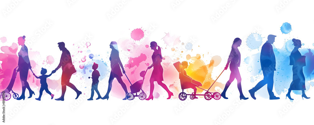 Diverse Figures in Pastel Watercolor Style, Featuring Baby Pram and Elderly Person on Wheels Diverse Figures in Pastel Watercolor Style, Featuring Baby Pram and Elderly Person on Wheels