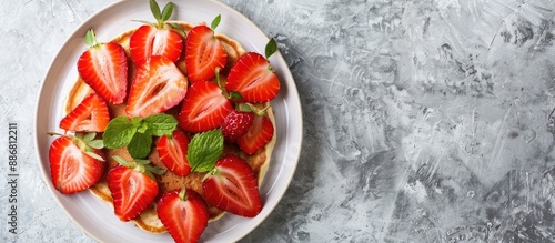 A plate displaying delicious strawberry pancakes with copy space image. photo