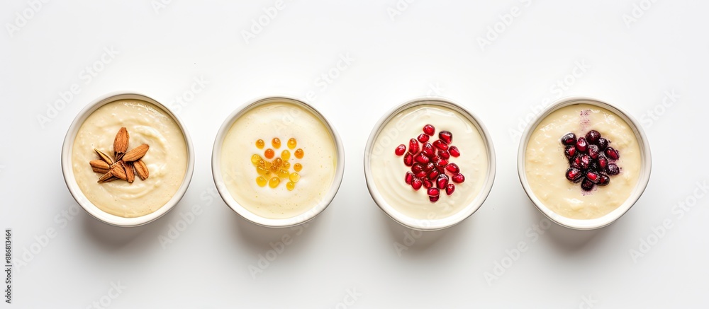 A classic Turkish rice pudding is displayed in various containers on a white surface, with an empty space for adding text or images, seen from above. A classic Turkish rice pudding is displayed in various containers on a white surface, with an empty space for adding text or images, seen from above.