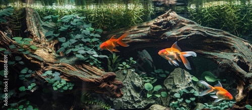 Aquarium with goldfish surrounded by green foliage, driftwood, and rocks, creating a serene underwater scene with copy space image. photo