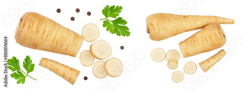 Parsnip root and slices isolated on white background closeup. Top view. Flat lay