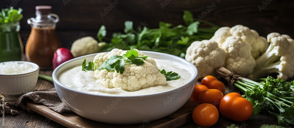 Fresh cauliflower soup with a variety of vegetables in a healthy, rustic dish on the table with a copy space image for keto, paleo, veggie, vegan, or vegetarian diets. Fresh cauliflower soup with a variety of vegetables in a healthy, rustic dish on the table with a copy space image for keto, paleo, veggie, vegan, or vegetarian diets.