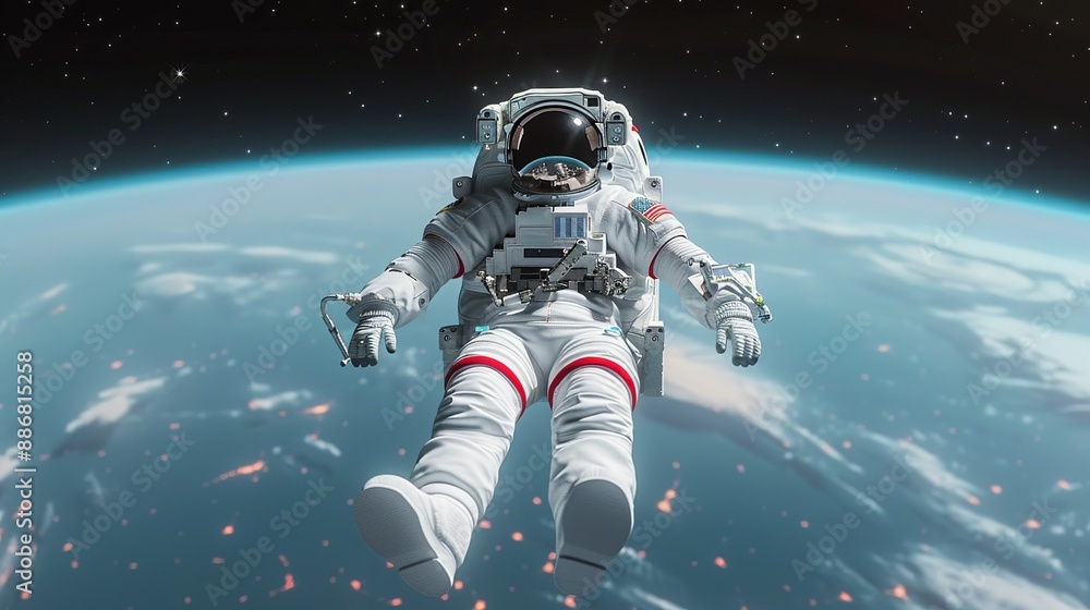 Astronaut floating above Earth in space, with the curvature of the planet and stars in the background. Illustration, Image, , Minimalism, Astronaut floating above Earth in space, with the curvature of the planet and stars in the background. Illustration, Image, , Minimalism,