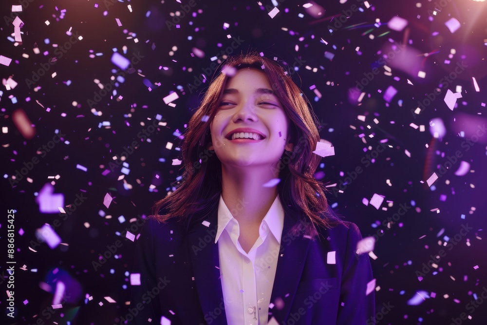 With an infectious smile, a woman in professional attire revels in the moment as confetti fills the air, imbuing the scene with a purple violet magenta aura of jubilance. With an infectious smile, a woman in professional attire revels in the moment as confetti fills the air, imbuing the scene with a purple violet magenta aura of jubilance.