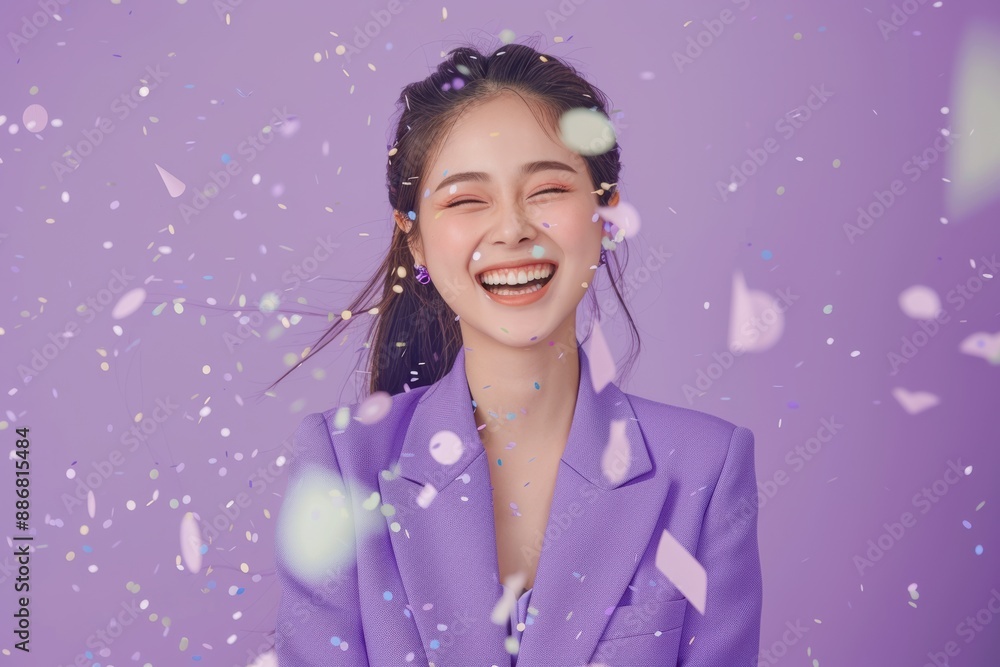 With an infectious smile, a woman in professional attire revels in the moment as confetti fills the air, imbuing the scene with a purple violet magenta aura of jubilance. With an infectious smile, a woman in professional attire revels in the moment as confetti fills the air, imbuing the scene with a purple violet magenta aura of jubilance.