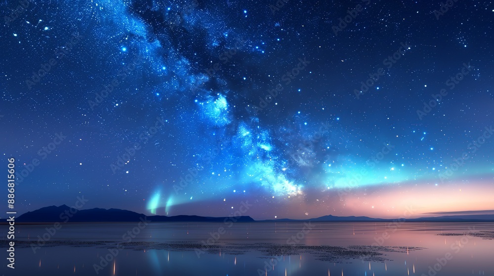 Starry night sky over a serene landscape, with constellations and a hint of the Northern Lights. Illustration, Image, , Minimalism, Starry night sky over a serene landscape, with constellations and a hint of the Northern Lights. Illustration, Image, , Minimalism,