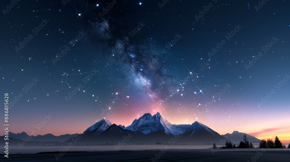Starry night sky over a serene landscape, with constellations and a hint of the Northern Lights. Illustration, Image, , Minimalism, Starry night sky over a serene landscape, with constellations and a hint of the Northern Lights. Illustration, Image, , Minimalism,