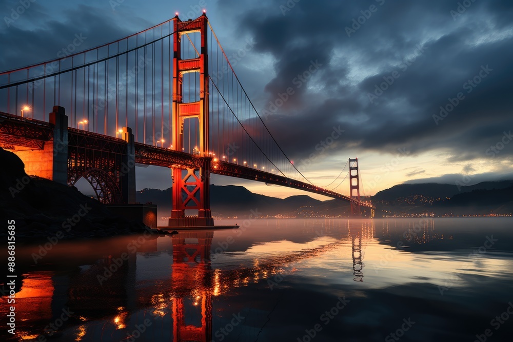 Obraz premium Fog passing through the vibrant Golden Gate Bridge in S�o Francisco, generative IA