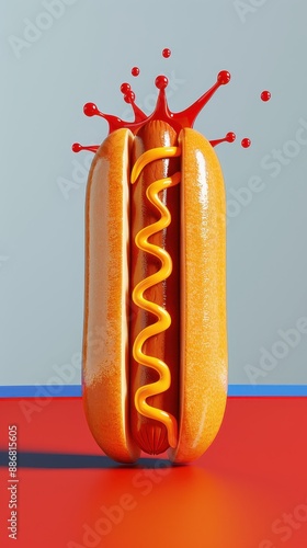 Hotdog with a splash of sauce, USA-themed illustration, red, white, and blue background, advertising graphic design, HDRIs, hyper-detailed, photo