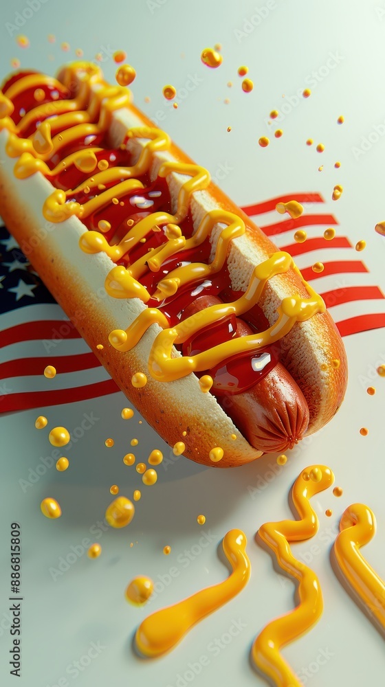Hotdog with dynamic sauce splash, USA flag elements, vibrant illustration, advertising graphic design, HDRIs, hyper-detailed, Hotdog with dynamic sauce splash, USA flag elements, vibrant illustration, advertising graphic design, HDRIs, hyper-detailed,