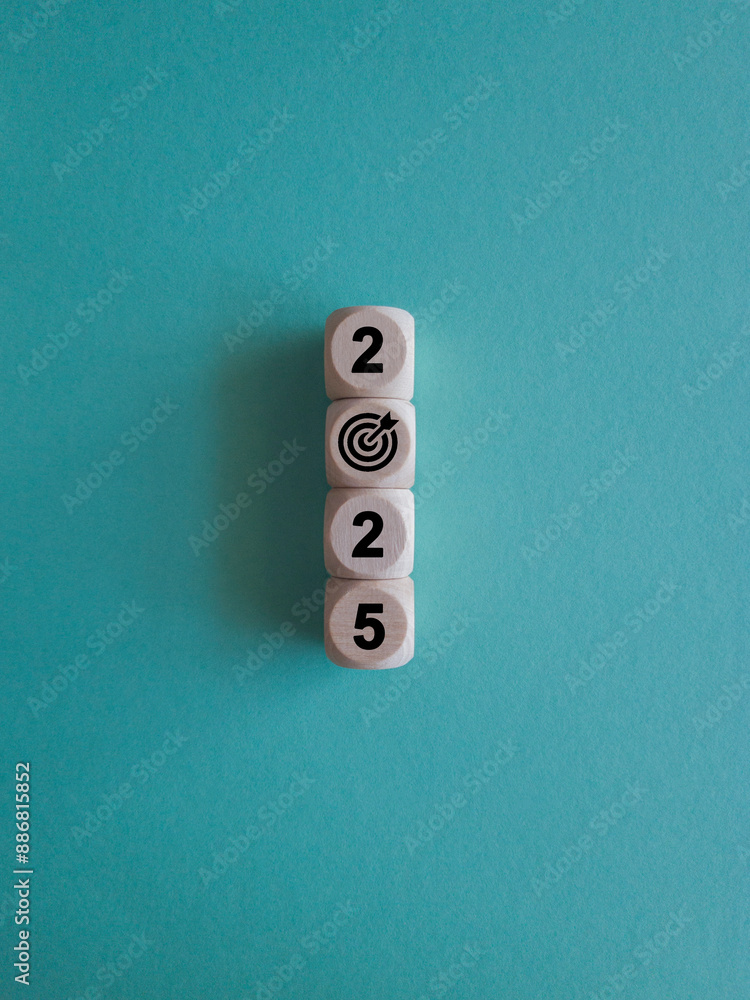 2025 Happy New year symbol. Numbers and target dart icon on white blocks stacked on blue background, vertical style. Welcome, Merry Christmas, and Happy New Year in 2025.