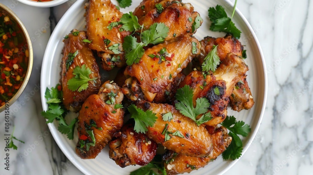 A plate of golden fried Thai chicken wings served with spicy dipping sauce and fresh herbs. A plate of golden fried Thai chicken wings served with spicy dipping sauce and fresh herbs.
