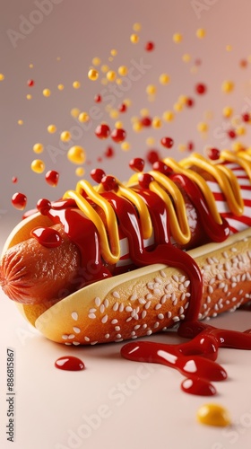 Hotdog with dynamic sauce splash, USA flag elements, vibrant illustration, advertising graphic design, HDRIs, hyper-detailed, photo