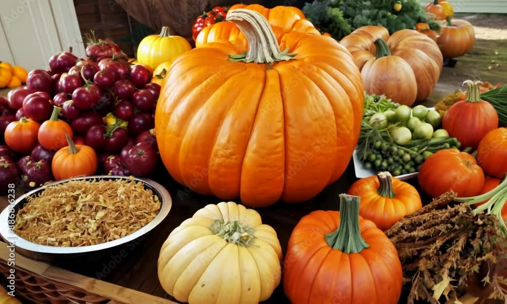 A basket of fall fruits and vegetables including apples, oranges, grapes, and pumpkins. The basket is on a table and the fruits A basket of fall fruits and vegetables including apples, oranges, grapes, and pumpkins. The basket is on a table and the fruits